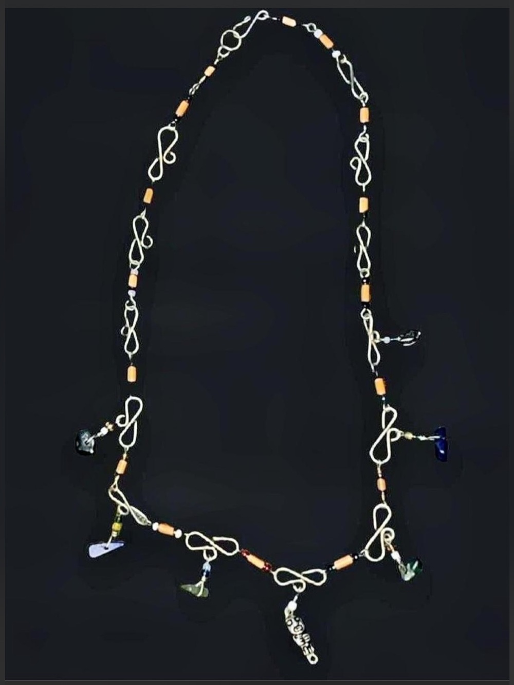 Boho Gold Brass Tone Multicolor Beaded Gemstone Charm Loop Necklace